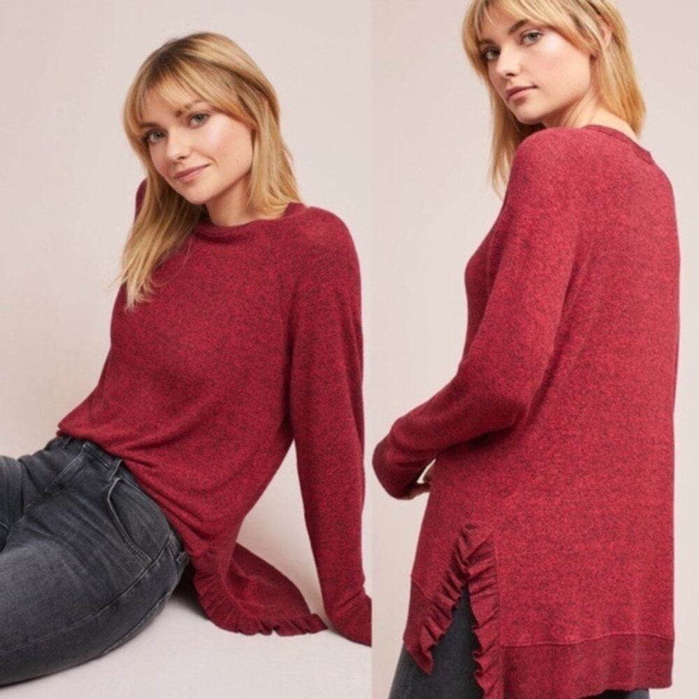 Anthropologie Postmark/Postage Stamp Ruffle Side Detail Marled Sweater SZ XS